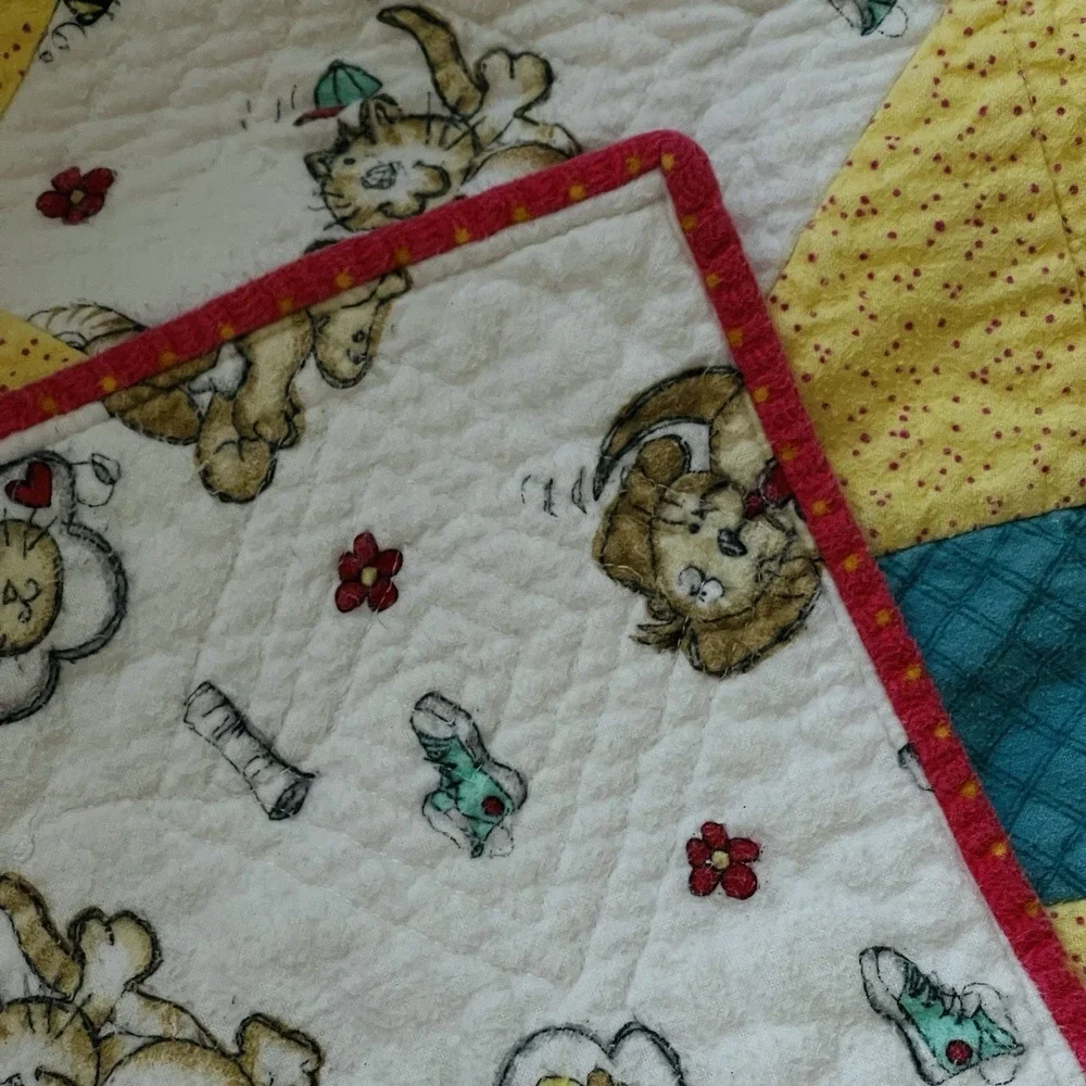 Vintage Flannel Baby Quilt Blanket Handmade Cats Dogs White Yellow Unisex  48x56